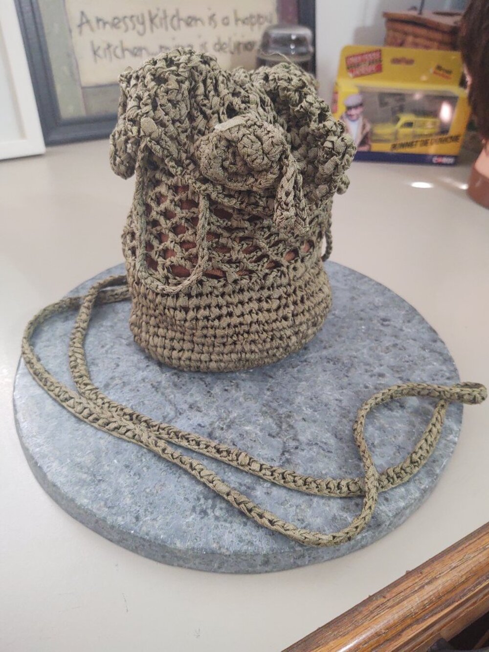Vintage Crochet Ribbon Drawstring Crossbody Pouch Olive Green